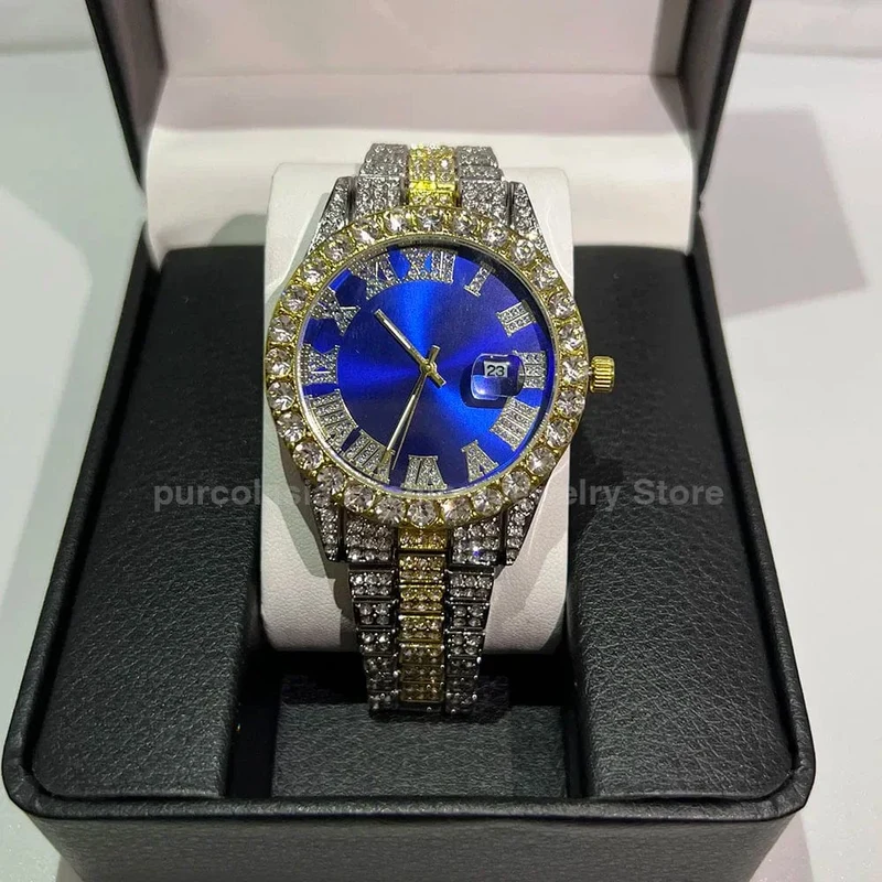 Personalisierte Hip-Hop-Armbanduhr mit glänzenden Strasssteinen für Herren, Luxusuhr, Armbandlänge, geeister Stahlgürtel, Glaszifferblatt mit 40 mm Durchmesser
