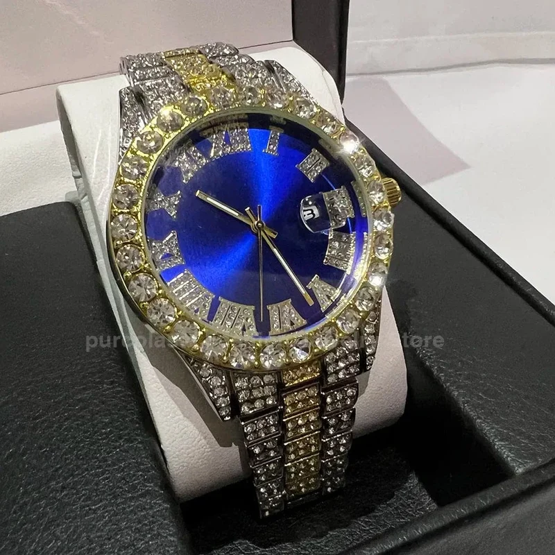 Personalisierte Hip-Hop-Armbanduhr mit glänzenden Strasssteinen für Herren, Luxusuhr, Armbandlänge, geeister Stahlgürtel, Glaszifferblatt mit 40 mm Durchmesser