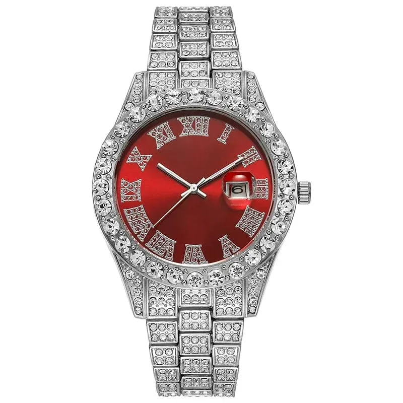 Personalisierte Hip-Hop-Armbanduhr mit glänzenden Strasssteinen für Herren, Luxusuhr, Armbandlänge, geeister Stahlgürtel, Glaszifferblatt mit 40 mm Durchmesser