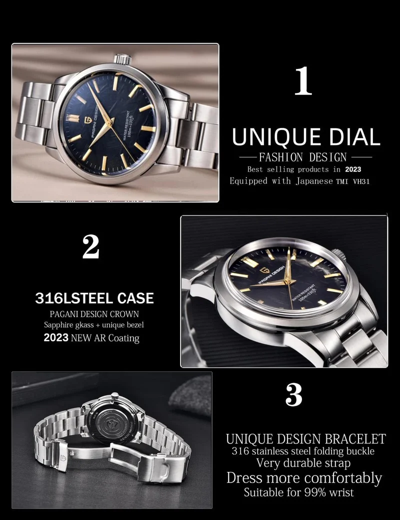 PAGANI DESIGN 40MM Herren Quarzuhren TMI VH31 Luxury Business Top Saphir 316L Edelstahl 100M wasserdichte Uhr für Männer