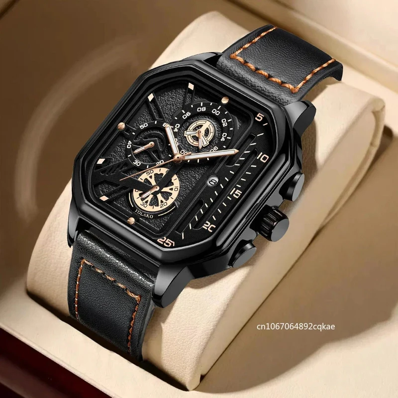 Herren-Quarzuhr, Zifferblatt aus Legierung, Business-Herrenuhr, PU-Lederarmband, großes Zifferblatt, quadratische Sportuhr, coole schwarze Armbanduhr für Männer
