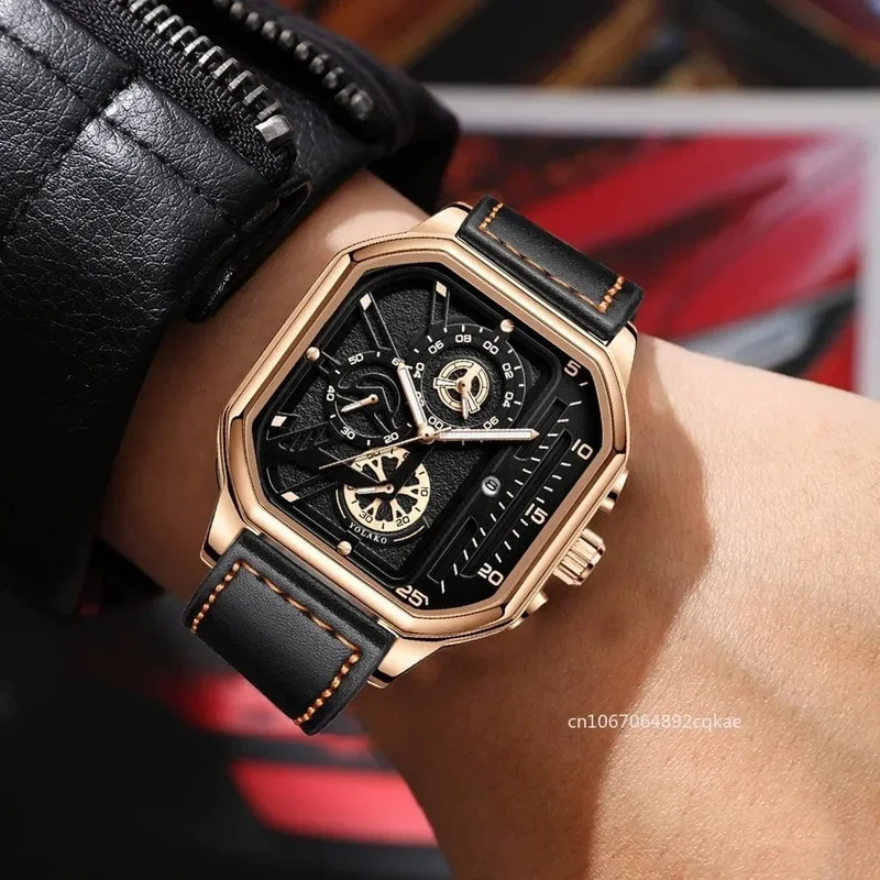 Herren-Quarzuhr, Zifferblatt aus Legierung, Business-Herrenuhr, PU-Lederarmband, großes Zifferblatt, quadratische Sportuhr, coole schwarze Armbanduhr für Männer