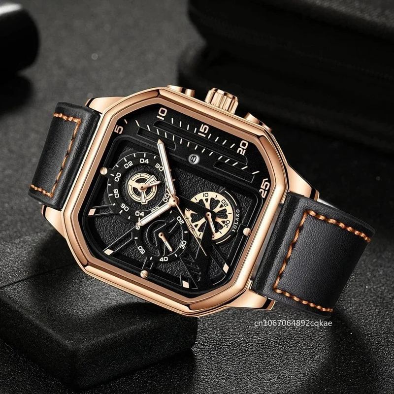 Herren-Quarzuhr, Zifferblatt aus Legierung, Business-Herrenuhr, PU-Lederarmband, großes Zifferblatt, quadratische Sportuhr, coole schwarze Armbanduhr für Männer