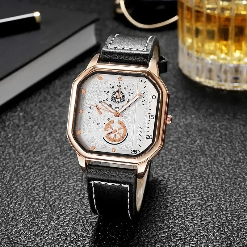 Herren-Quarzuhr, Zifferblatt aus Legierung, Business-Herrenuhr, PU-Lederarmband, großes Zifferblatt, quadratische Sportuhr, coole schwarze Armbanduhr für Männer