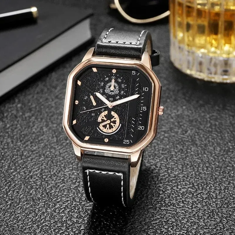 Herren-Quarzuhr, Zifferblatt aus Legierung, Business-Herrenuhr, PU-Lederarmband, großes Zifferblatt, quadratische Sportuhr, coole schwarze Armbanduhr für Männer