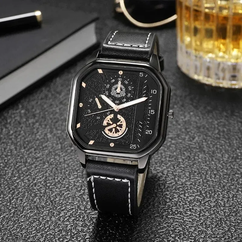 Herren-Quarzuhr, Zifferblatt aus Legierung, Business-Herrenuhr, PU-Lederarmband, großes Zifferblatt, quadratische Sportuhr, coole schwarze Armbanduhr für Männer