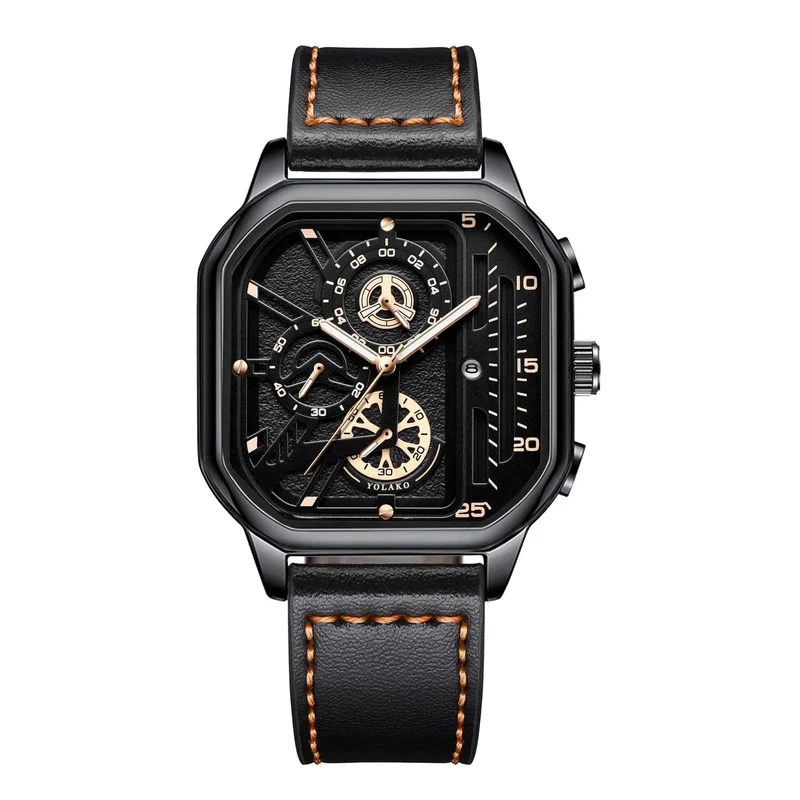 Herren-Quarzuhr, Zifferblatt aus Legierung, Business-Herrenuhr, PU-Lederarmband, großes Zifferblatt, quadratische Sportuhr, coole schwarze Armbanduhr für Männer