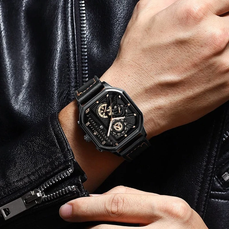 Herren-Quarzuhr, Zifferblatt aus Legierung, Business-Herrenuhr, PU-Lederarmband, großes Zifferblatt, quadratische Sportuhr, coole schwarze Armbanduhr für Männer