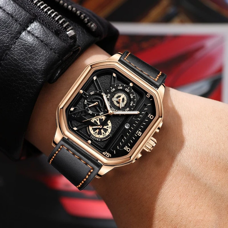 Herren-Quarzuhr, Zifferblatt aus Legierung, Business-Herrenuhr, PU-Lederarmband, großes Zifferblatt, quadratische Sportuhr, coole schwarze Armbanduhr für Männer
