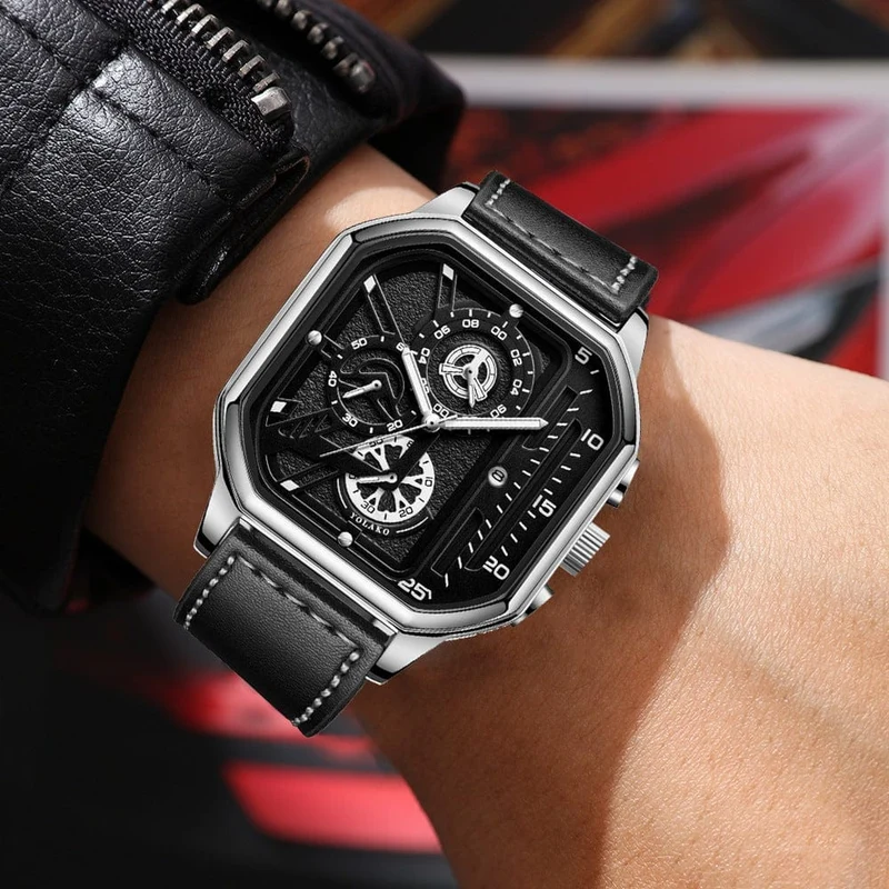 Herren-Quarzuhr, Zifferblatt aus Legierung, Business-Herrenuhr, PU-Lederarmband, großes Zifferblatt, quadratische Sportuhr, coole schwarze Armbanduhr für Männer