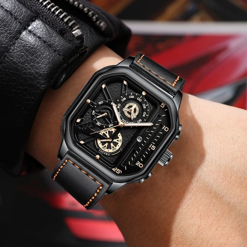 Herren-Quarzuhr, Zifferblatt aus Legierung, Business-Herrenuhr, PU-Lederarmband, großes Zifferblatt, quadratische Sportuhr, coole schwarze Armbanduhr für Männer