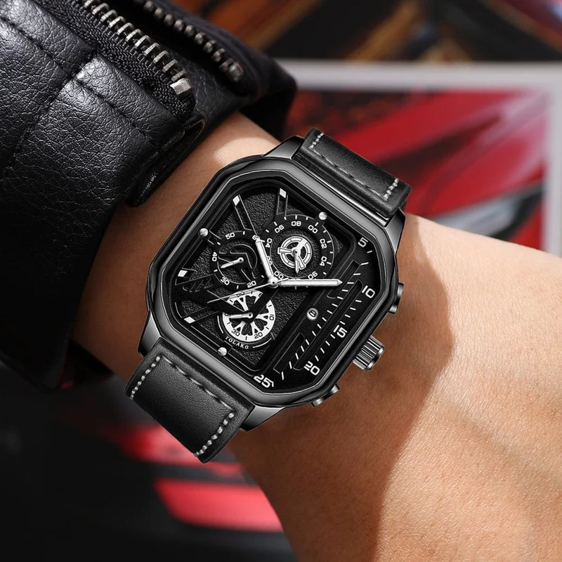 Herren-Quarzuhr, Zifferblatt aus Legierung, Business-Herrenuhr, PU-Lederarmband, großes Zifferblatt, quadratische Sportuhr, coole schwarze Armbanduhr für Männer
