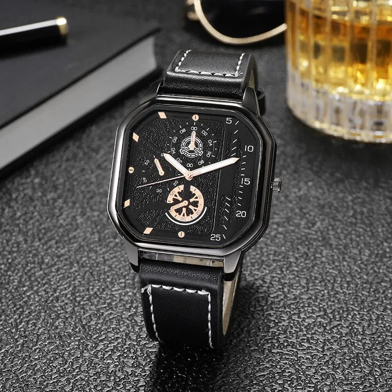 Herren-Quarzuhr, Zifferblatt aus Legierung, Business-Herrenuhr, PU-Lederarmband, großes Zifferblatt, quadratische Sportuhr, coole schwarze Armbanduhr für Männer