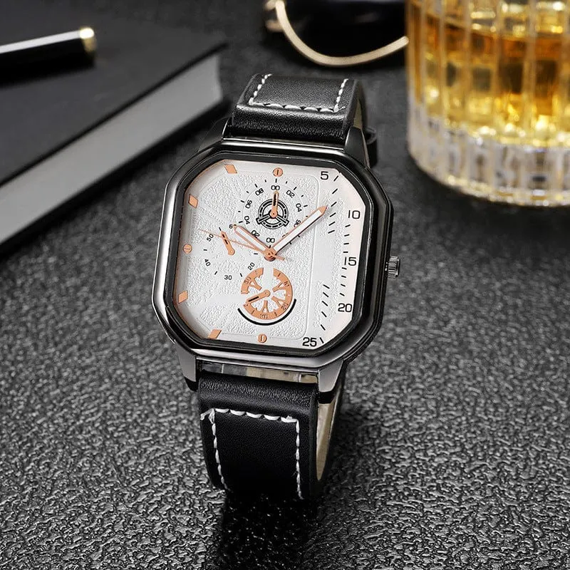 Herren-Quarzuhr, Zifferblatt aus Legierung, Business-Herrenuhr, PU-Lederarmband, großes Zifferblatt, quadratische Sportuhr, coole schwarze Armbanduhr für Männer