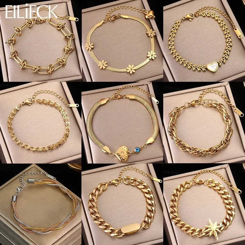 EILIECK 316L Edelstahl Goldfarbenes Armband für Frauen Einfacher Stil Gliederkette Armreif Trendy Fashion Lichtechtes Schmuckgeschenk