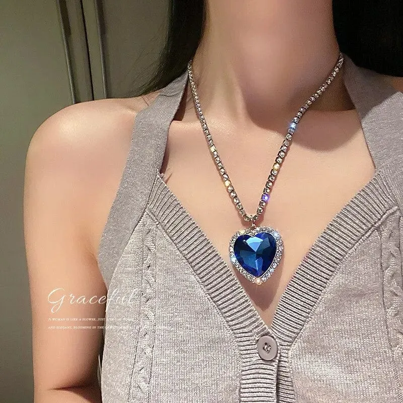 Herz aus Ozeanblau, Herz-Halsketten für Frauen, Strass-Kristall, lange Halsketten, Liebe für immer, Schmuck für Partygeschenke