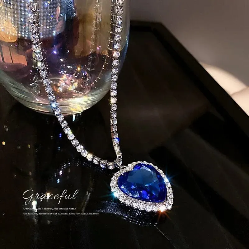 Herz aus Ozeanblau, Herz-Halsketten für Frauen, Strass-Kristall, lange Halsketten, Liebe für immer, Schmuck für Partygeschenke