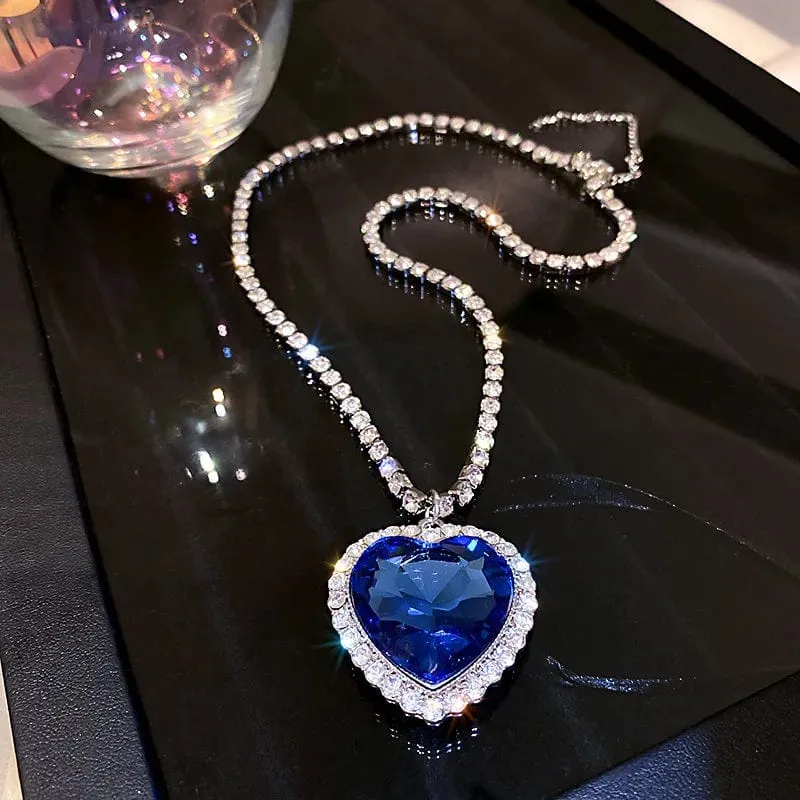 Herz aus Ozeanblau, Herz-Halsketten für Frauen, Strass-Kristall, lange Halsketten, Liebe für immer, Schmuck für Partygeschenke