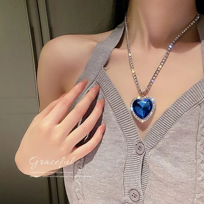 Herz aus Ozeanblau, Herz-Halsketten für Frauen, Strass-Kristall, lange Halsketten, Liebe für immer, Schmuck für Partygeschenke