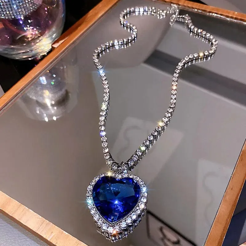 Herz aus Ozeanblau, Herz-Halsketten für Frauen, Strass-Kristall, lange Halsketten, Liebe für immer, Schmuck für Partygeschenke
