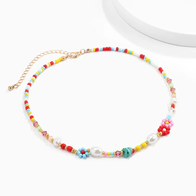 Barocke Simulierte Perlen Niedliche Blumen Bunte handgewebte Perlen Kurze Schlüsselbeinkette Chokerhalskette Für Frauen Mädchen Schmuck
