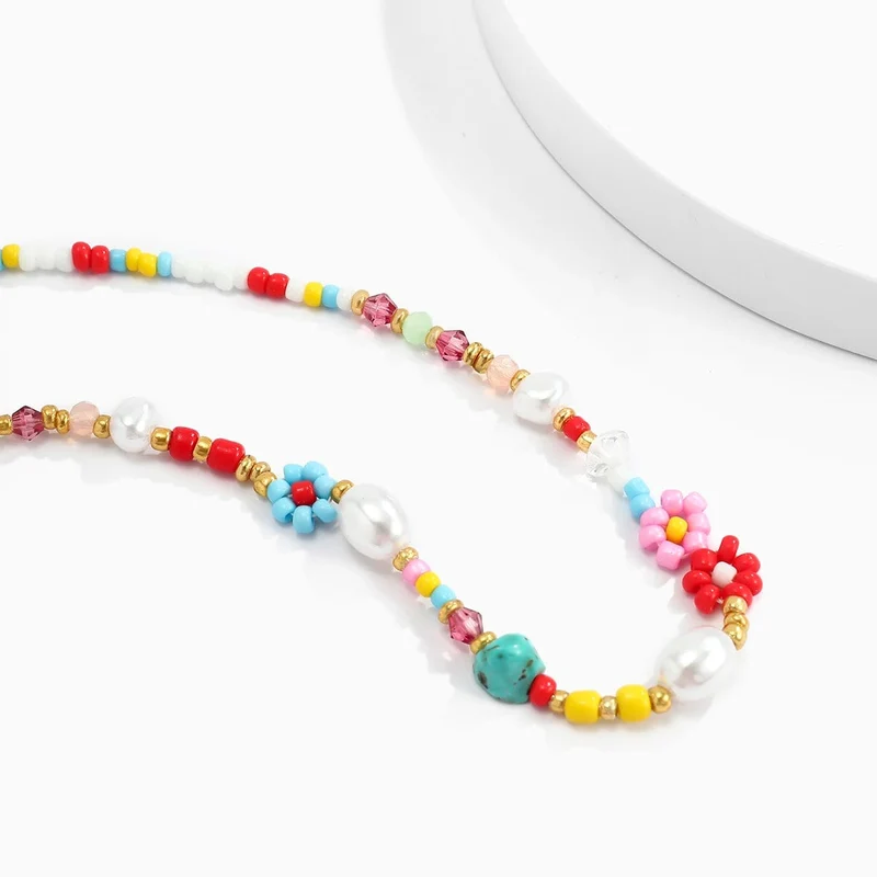 Barocke Simulierte Perlen Niedliche Blumen Bunte handgewebte Perlen Kurze Schlüsselbeinkette Chokerhalskette Für Frauen Mädchen Schmuck