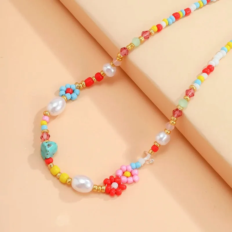 Barocke Simulierte Perlen Niedliche Blumen Bunte handgewebte Perlen Kurze Schlüsselbeinkette Chokerhalskette Für Frauen Mädchen Schmuck