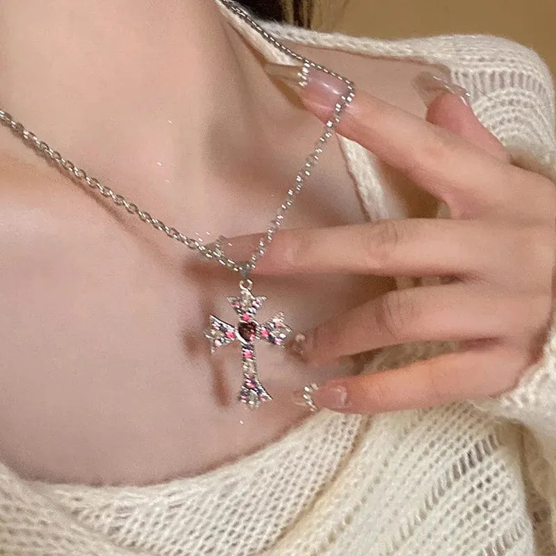 Neue Rosa Kreuz Halsketten für Frauen Y2k Mode Gothic Paar Schmuck Metall Ketten Colliers Anhänger Halskette Partei Schmuck Geschenke
