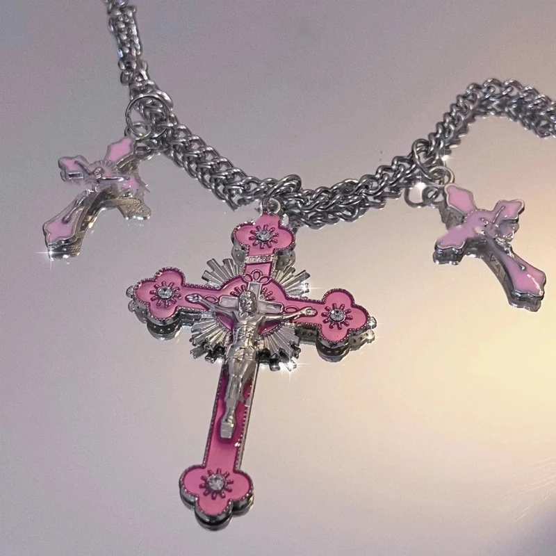 Neue Rosa Kreuz Halsketten für Frauen Y2k Mode Gothic Paar Schmuck Metall Ketten Colliers Anhänger Halskette Partei Schmuck Geschenke