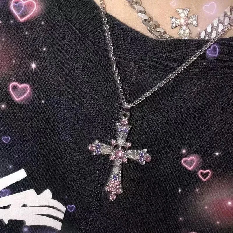 Neue Rosa Kreuz Halsketten für Frauen Y2k Mode Gothic Paar Schmuck Metall Ketten Colliers Anhänger Halskette Partei Schmuck Geschenke