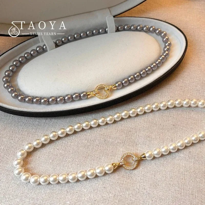 Französische elegante Mikro-Set Zirkon runde Schnalle Imitation Perle Perlen Halskette für Damen Temperament Schmuck süße Accessoires