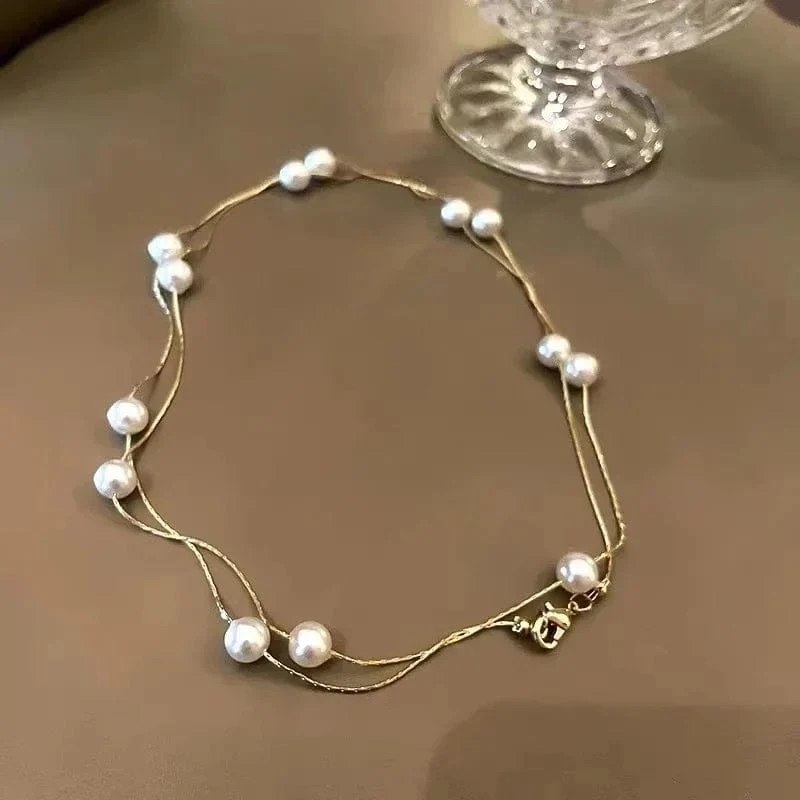 Französische elegante Mikro-Set Zirkon runde Schnalle Imitation Perle Perlen Halskette für Damen Temperament Schmuck süße Accessoires