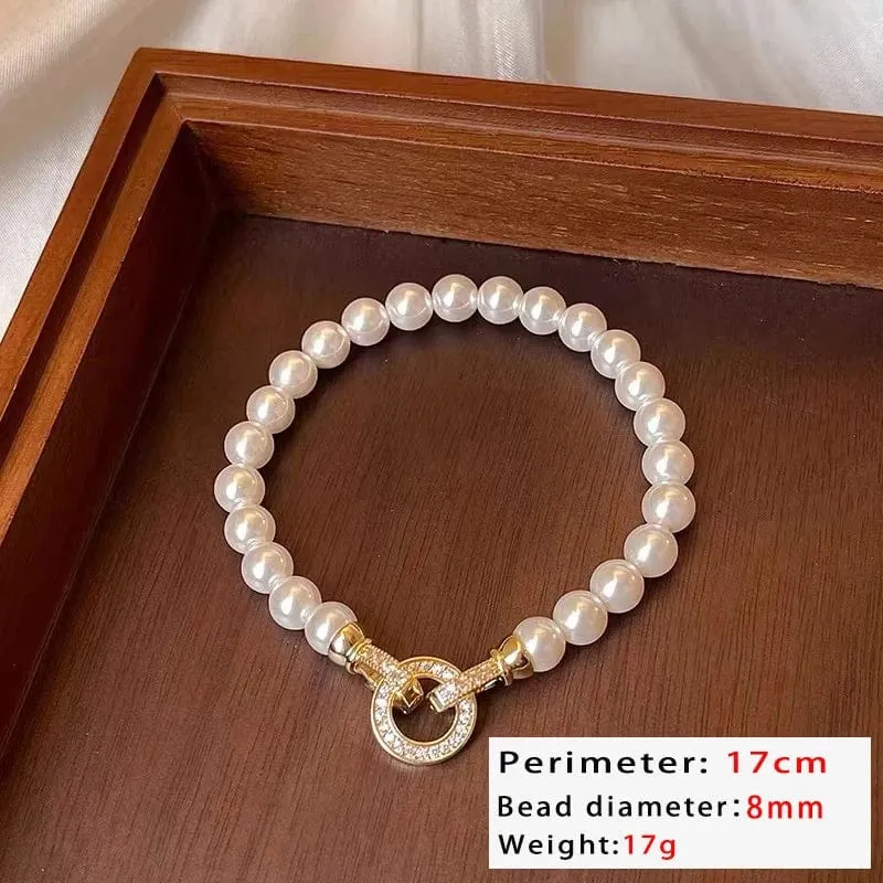 Französische elegante Mikro-Set Zirkon runde Schnalle Imitation Perle Perlen Halskette für Damen Temperament Schmuck süße Accessoires