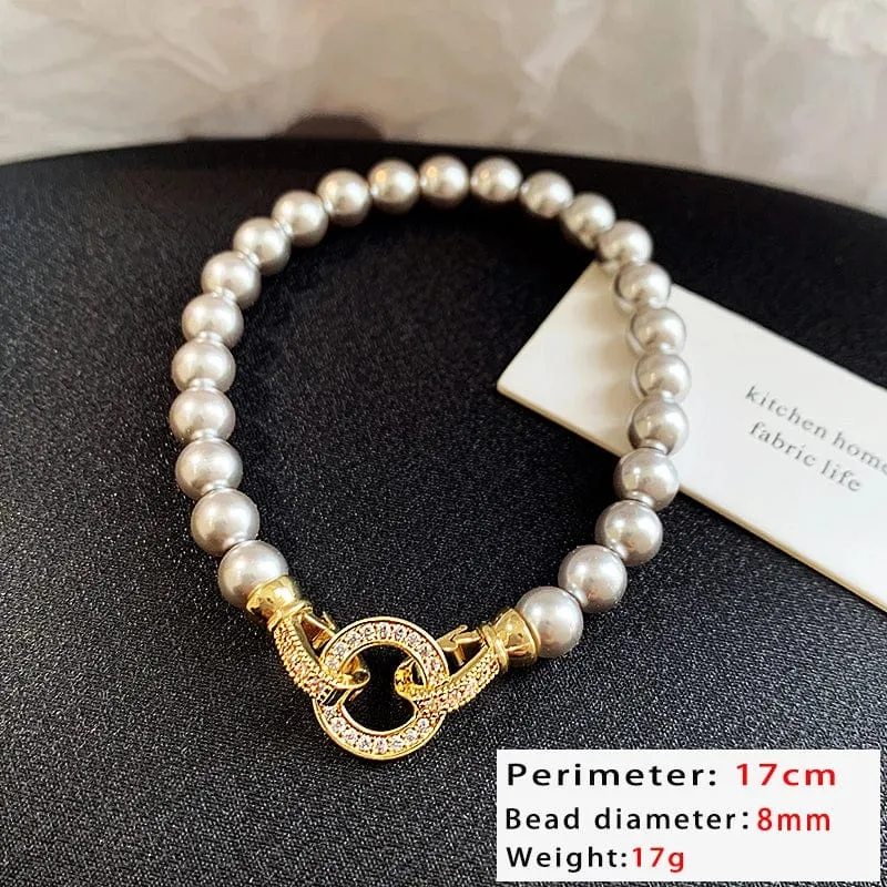 Französische elegante Mikro-Set Zirkon runde Schnalle Imitation Perle Perlen Halskette für Damen Temperament Schmuck süße Accessoires