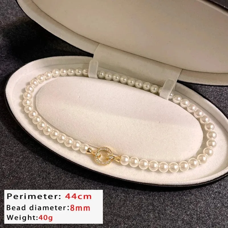 Französische elegante Mikro-Set Zirkon runde Schnalle Imitation Perle Perlen Halskette für Damen Temperament Schmuck süße Accessoires