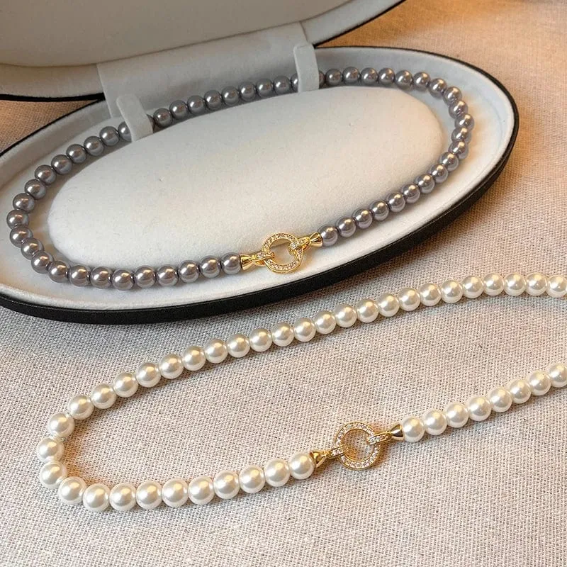 Französische elegante Mikro-Set Zirkon runde Schnalle Imitation Perle Perlen Halskette für Damen Temperament Schmuck süße Accessoires