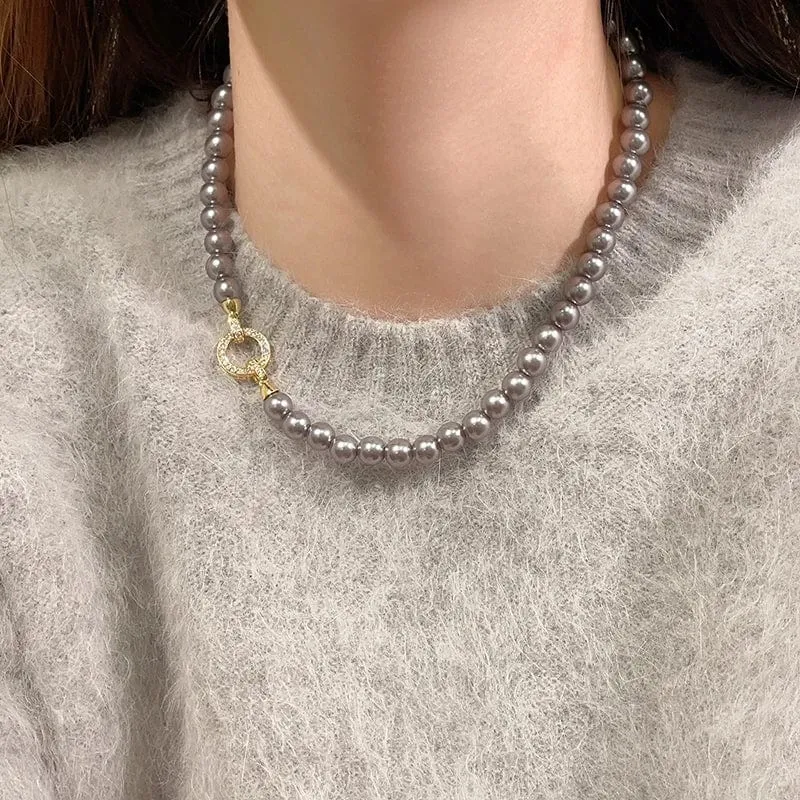 Französische elegante Mikro-Set Zirkon runde Schnalle Imitation Perle Perlen Halskette für Damen Temperament Schmuck süße Accessoires