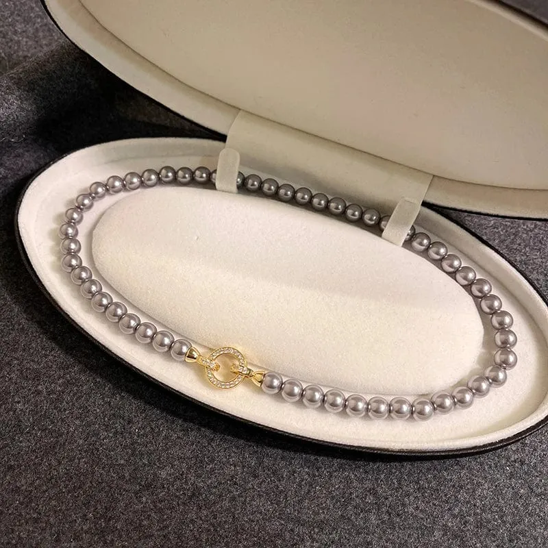 Französische elegante Mikro-Set Zirkon runde Schnalle Imitation Perle Perlen Halskette für Damen Temperament Schmuck süße Accessoires