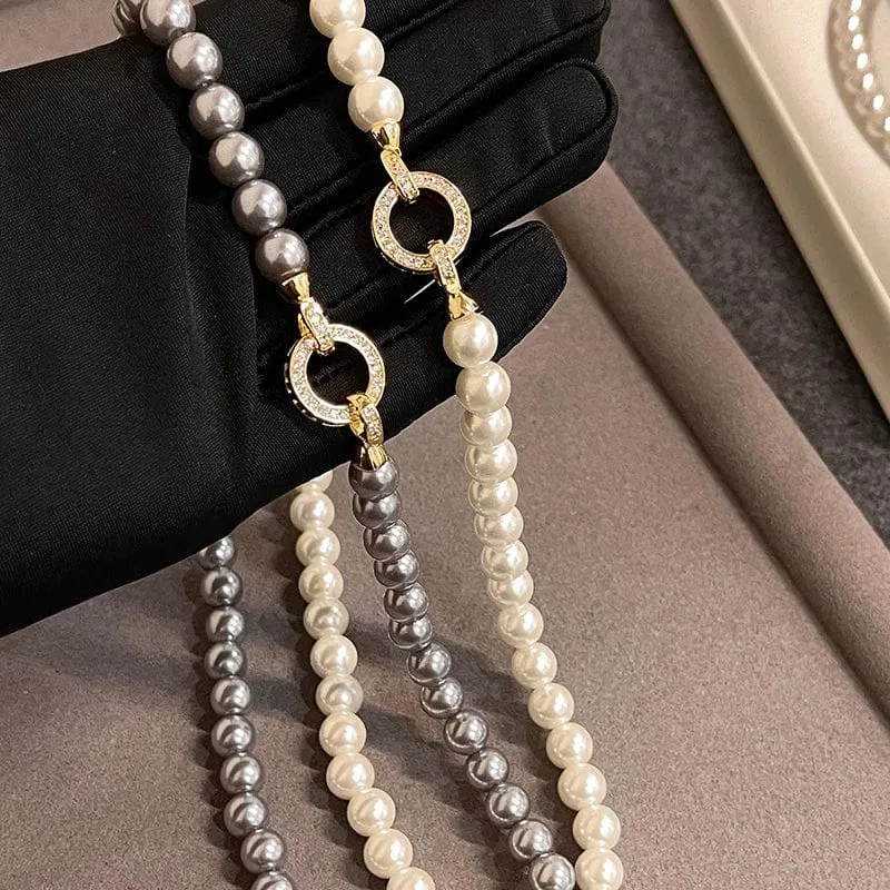 Französische elegante Mikro-Set Zirkon runde Schnalle Imitation Perle Perlen Halskette für Damen Temperament Schmuck süße Accessoires