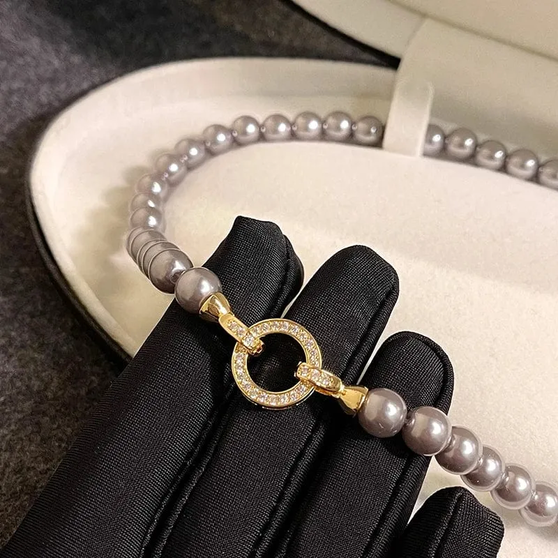 Französische elegante Mikro-Set Zirkon runde Schnalle Imitation Perle Perlen Halskette für Damen Temperament Schmuck süße Accessoires