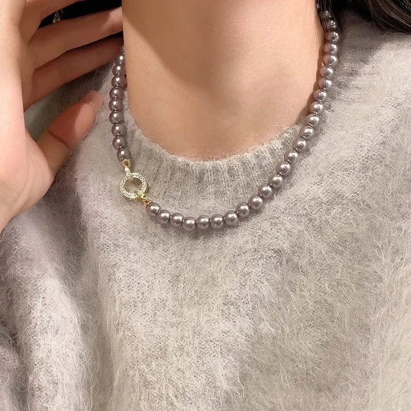 Französische elegante Mikro-Set Zirkon runde Schnalle Imitation Perle Perlen Halskette für Damen Temperament Schmuck süße Accessoires
