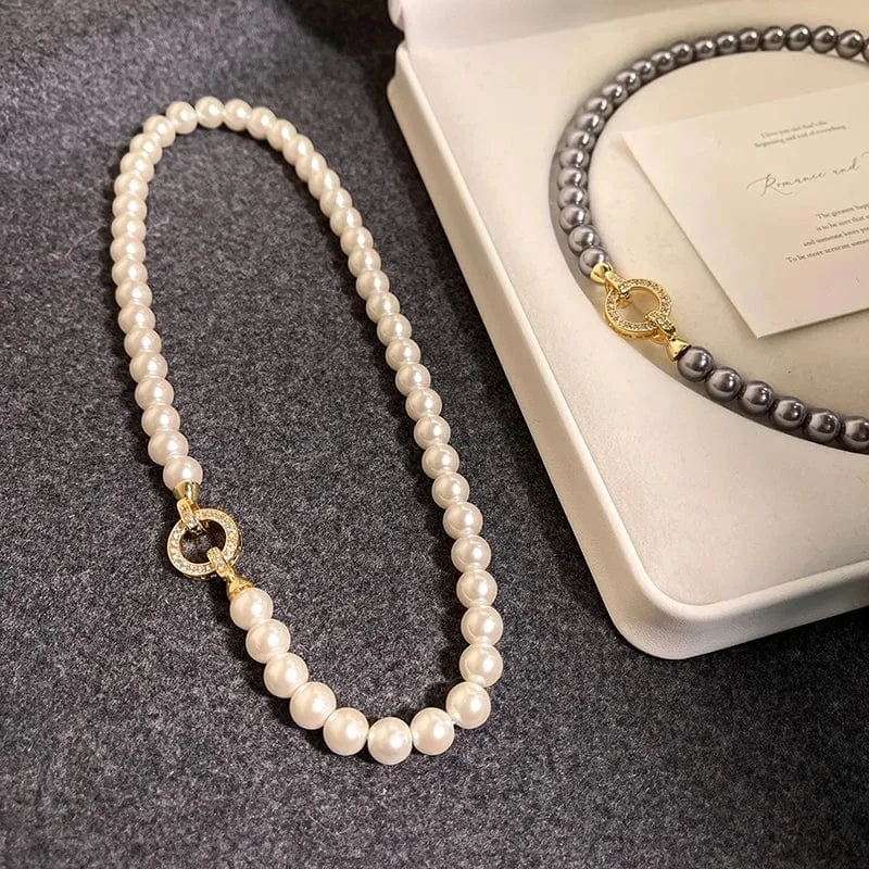 Französische elegante Mikro-Set Zirkon runde Schnalle Imitation Perle Perlen Halskette für Damen Temperament Schmuck süße Accessoires