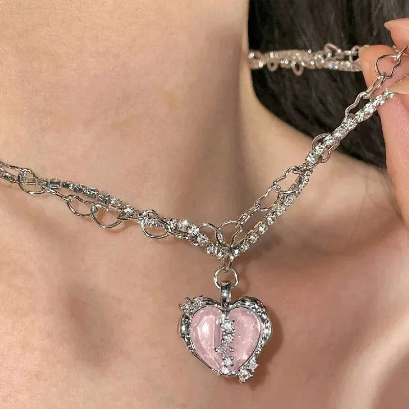 Kpop Herz-Halskette, französische Glücksbohne, Liebes-Schlüsselbeinkette, koreanische einfache weibliche Doppelschicht-Halskette, weiblicher Anhänger für Frauen