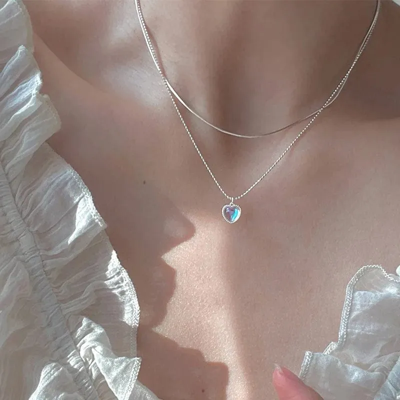 Kpop Herz-Halskette, französische Glücksbohne, Liebes-Schlüsselbeinkette, koreanische einfache weibliche Doppelschicht-Halskette, weiblicher Anhänger für Frauen