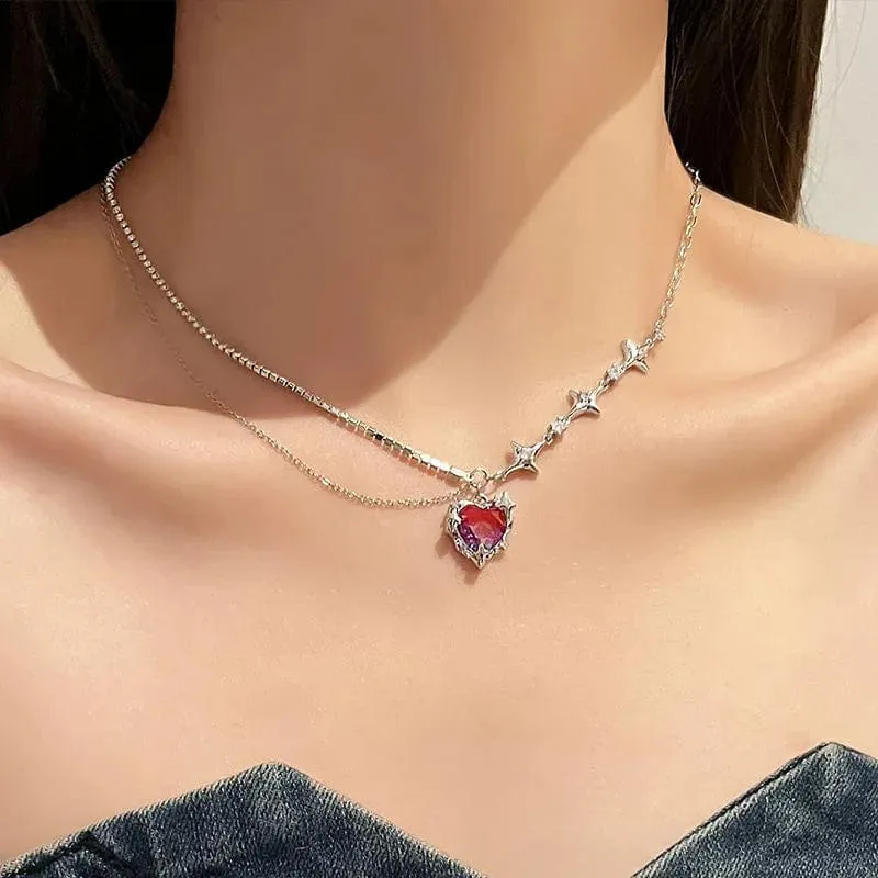 Kpop Herz-Halskette, französische Glücksbohne, Liebes-Schlüsselbeinkette, koreanische einfache weibliche Doppelschicht-Halskette, weiblicher Anhänger für Frauen