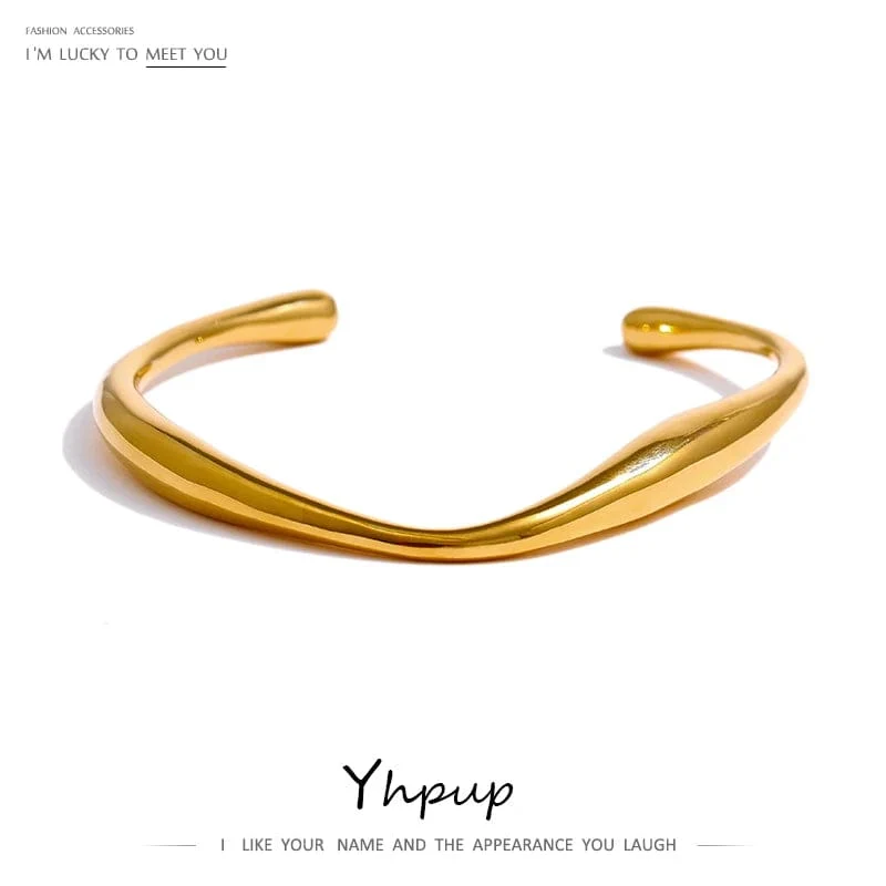 Yhpup Öffnung 316 Edelstahl Handgelenk Armband Armreif Gold Farbe Minimalistischen Textur Aussage Marke Schmuck für Frauen Party