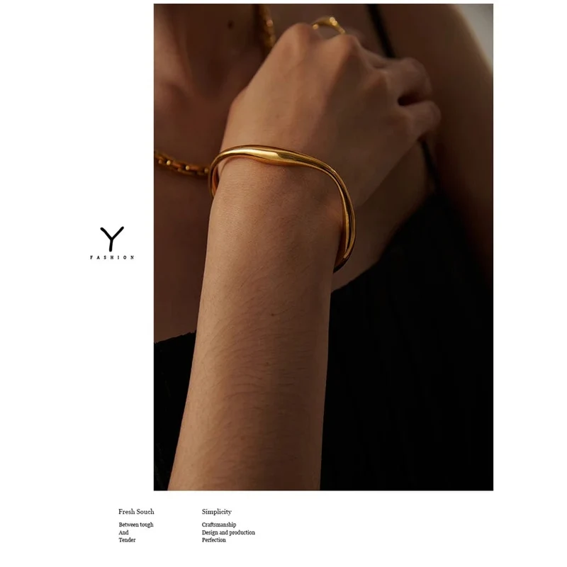 Yhpup Öffnung 316 Edelstahl Handgelenk Armband Armreif Gold Farbe Minimalistischen Textur Aussage Marke Schmuck für Frauen Party