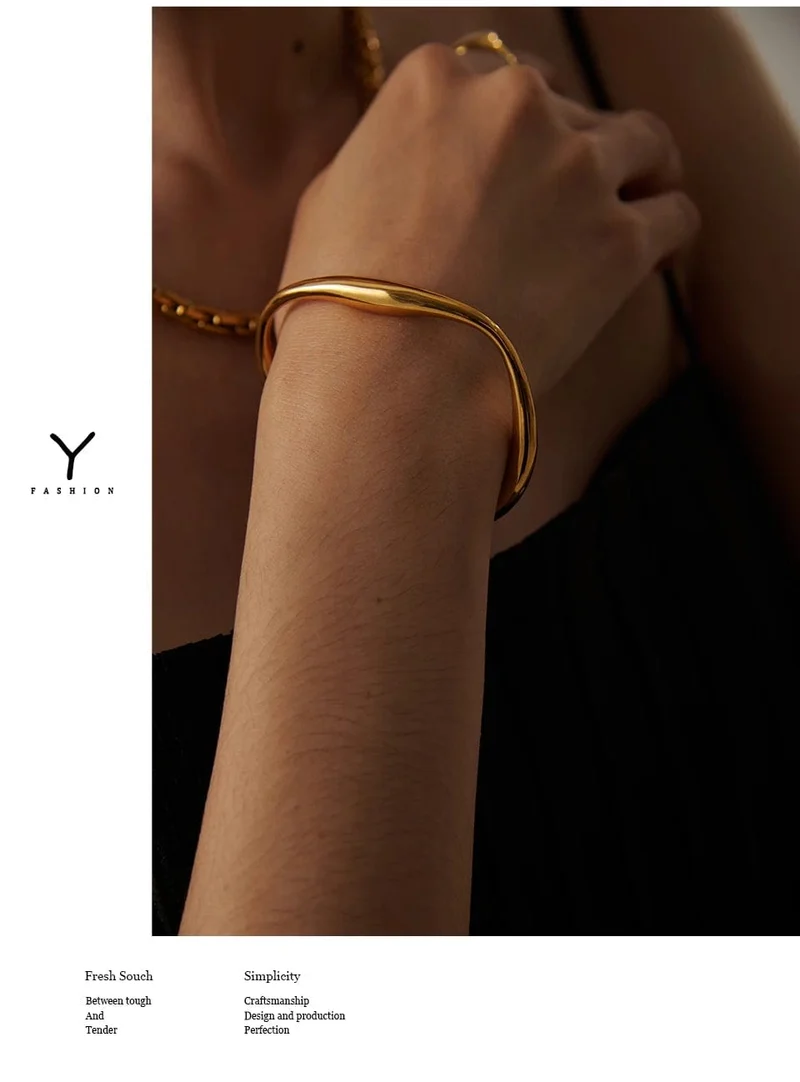 Yhpup Öffnung 316 Edelstahl Handgelenk Armband Armreif Gold Farbe Minimalistischen Textur Aussage Marke Schmuck für Frauen Party