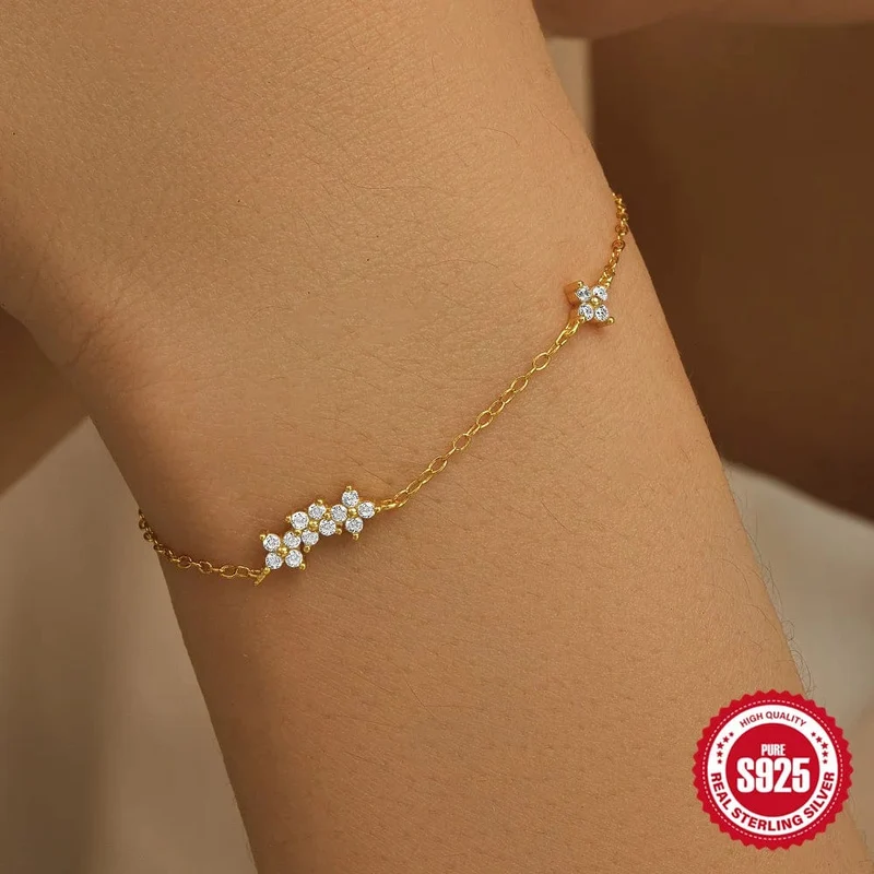 CANNER Echt S925 Sterling Silber Mini Zirkon Blume Anhänger Armband Kette für frauen Edlen Schmuck Geschenke Gold Armbänder Armreifen