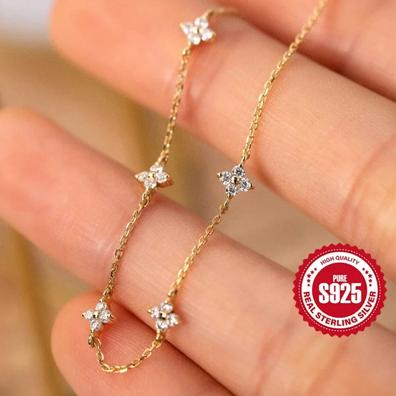 CANNER Echt S925 Sterling Silber Mini Zirkon Blume Anhänger Armband Kette für frauen Edlen Schmuck Geschenke Gold Armbänder Armreifen